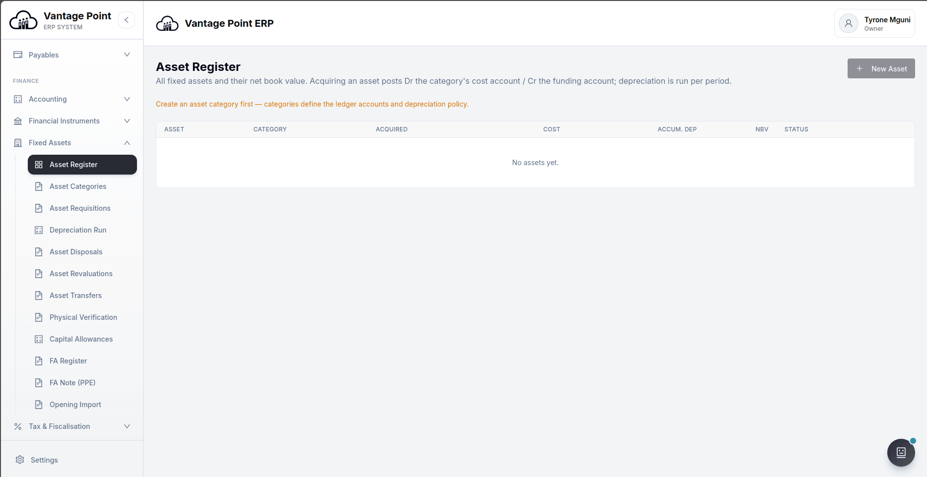 Fixed asset register with net book value