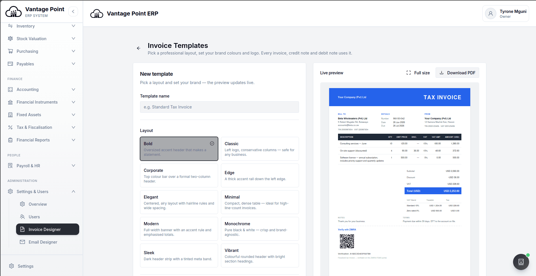 Branded invoice templates with live preview