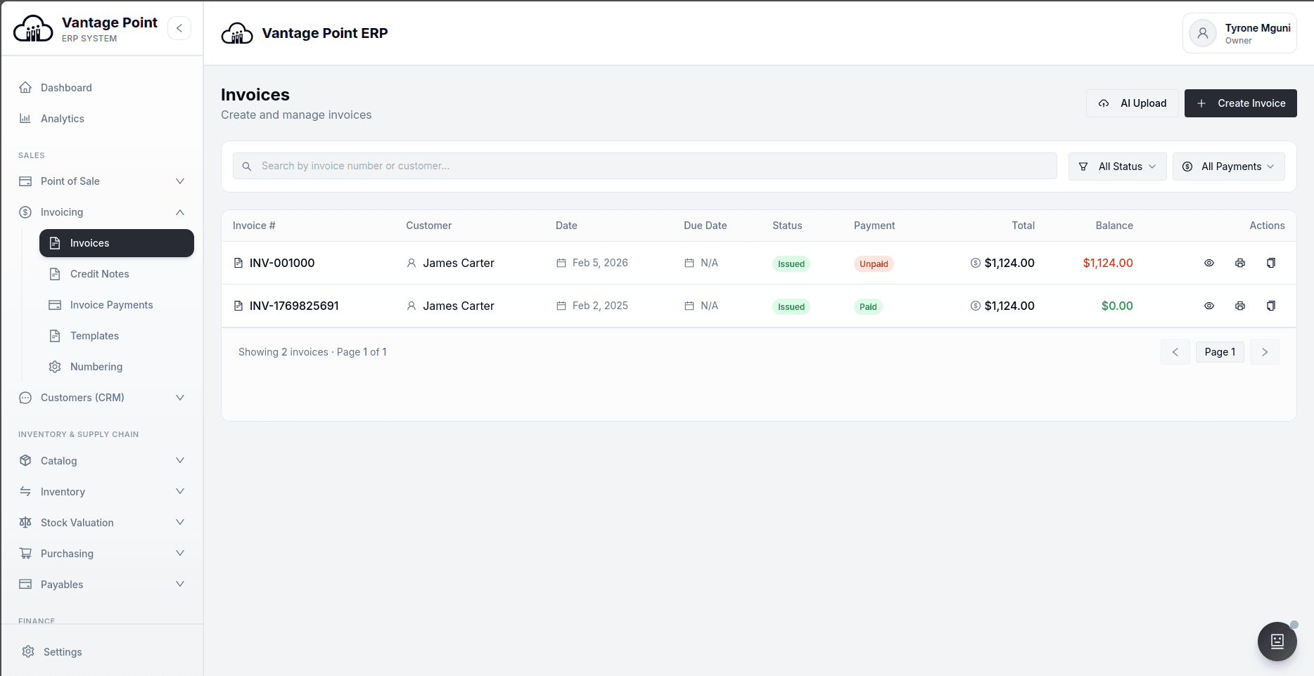 Invoicing & CRM in Vantage Point
