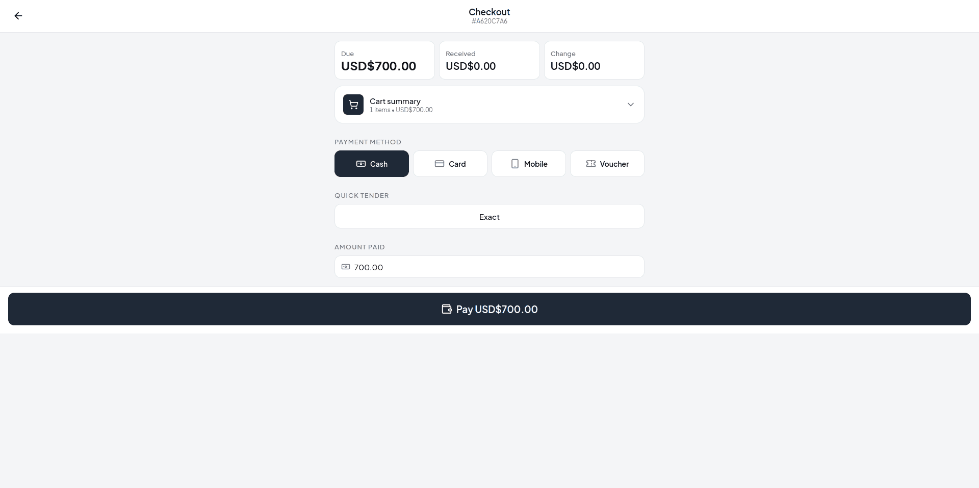 Checkout with quick tender and change calculation