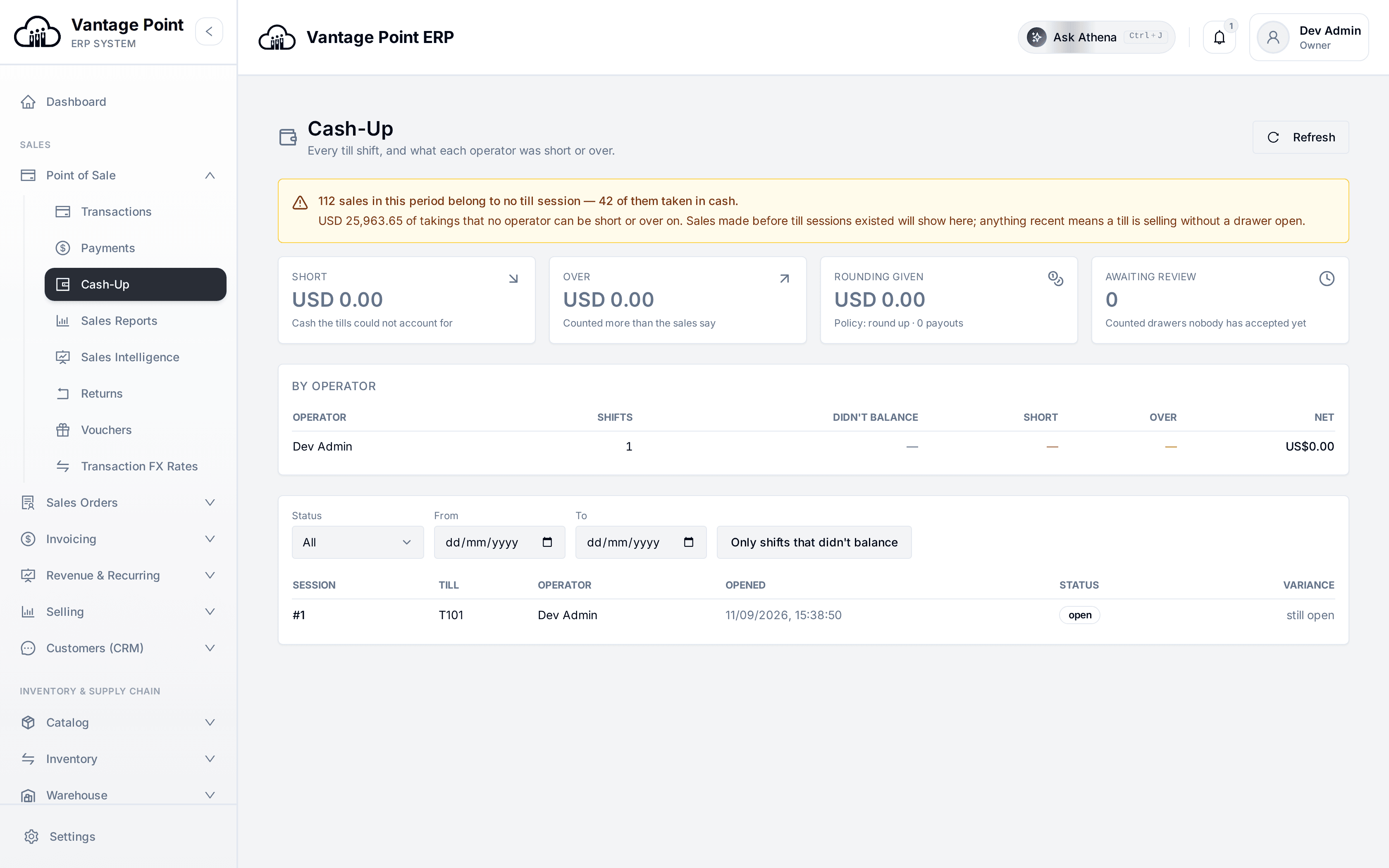 Closing a till against a physical count, per operator and shift