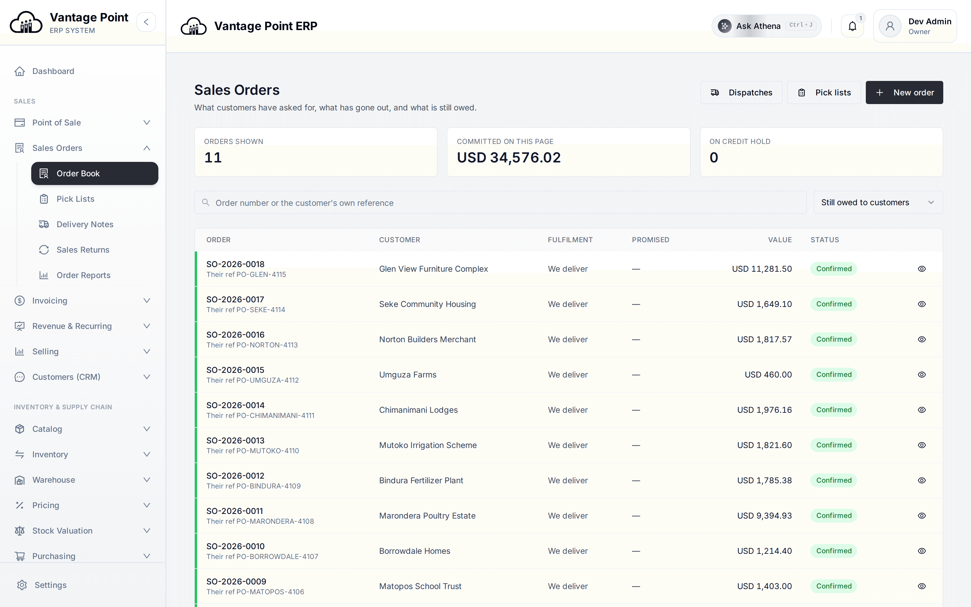 Sales Orders & Fulfilment in Vantage Point