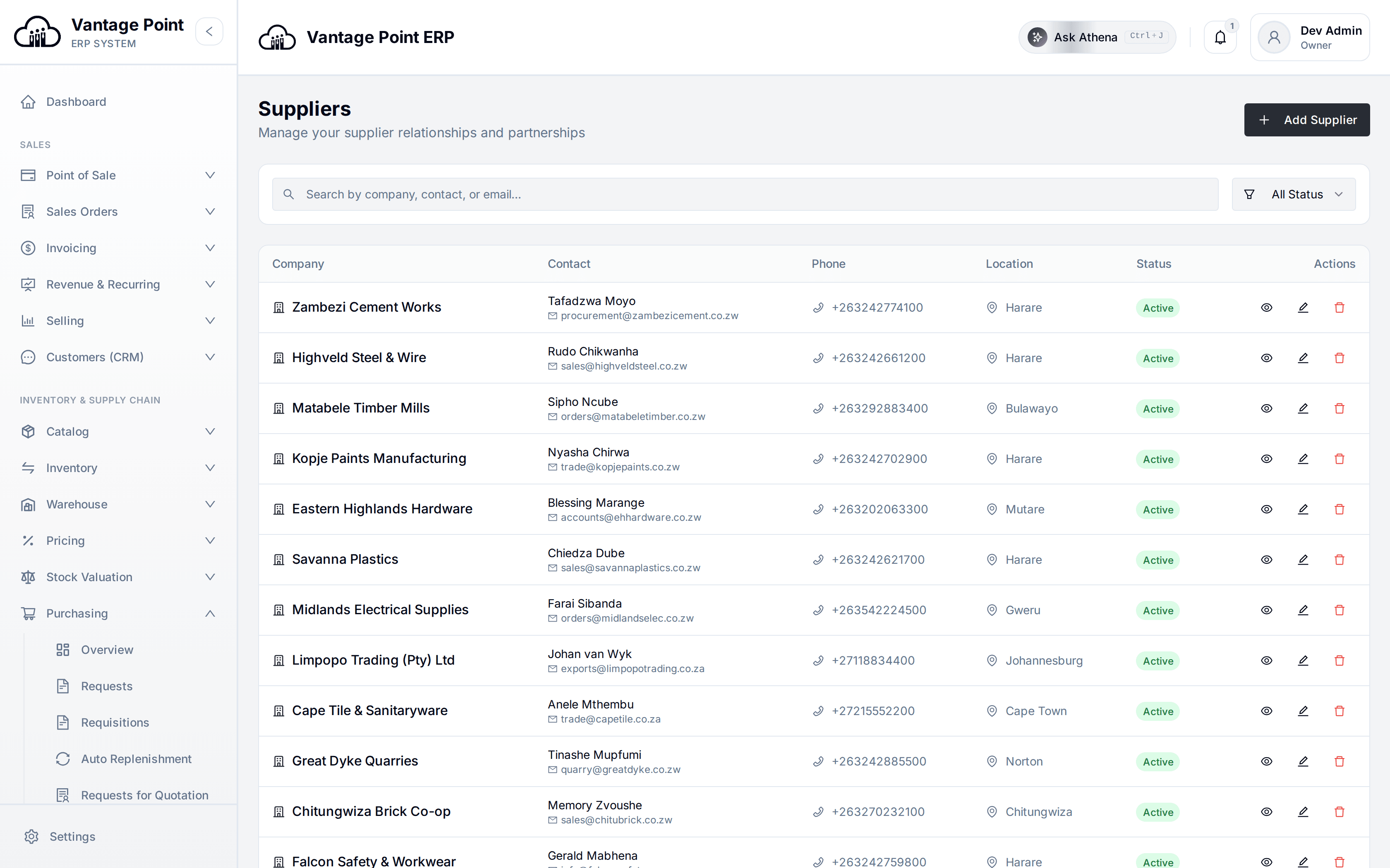 Supplier records with terms, currency and history